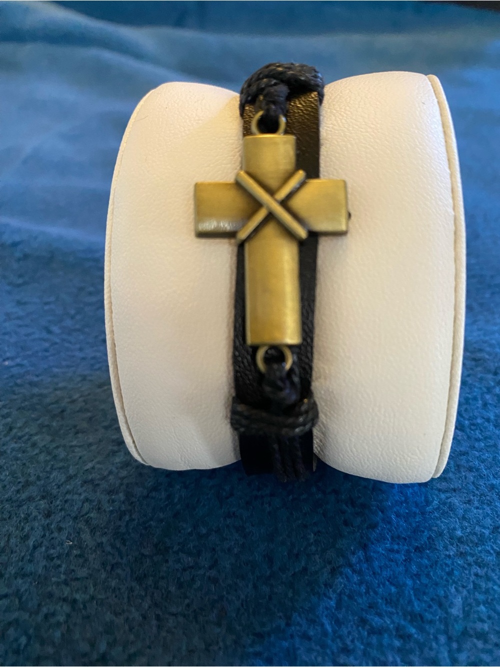 Men's Black Leather Adjustable Bracelet with Brass Cross Accent